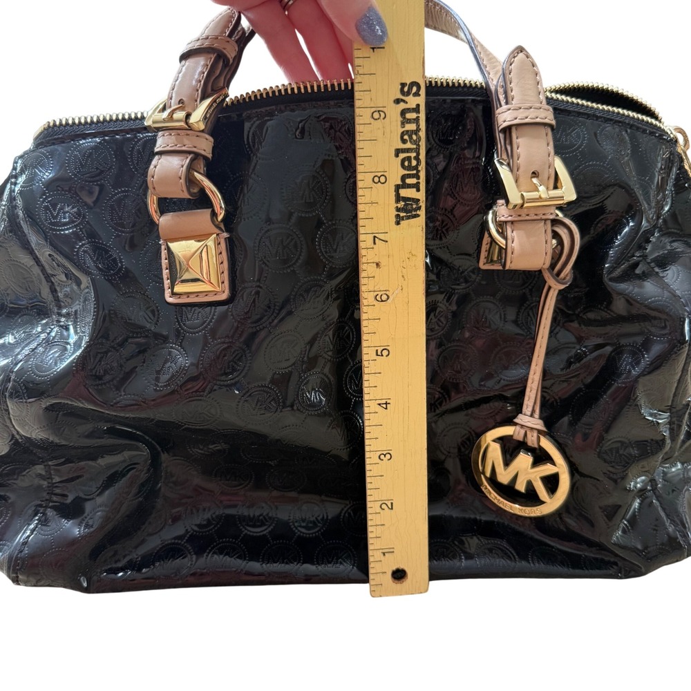 Michael Kors Grayson Black Patent Leather Monogram Satchel Handbag Gold Hardware - Picture 5 of 16